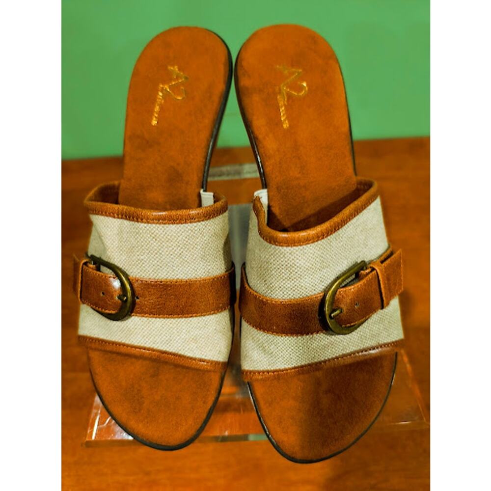 A2 by Aerosoles Brown Wedge Slides -‎ Buckle Detail - Size 8